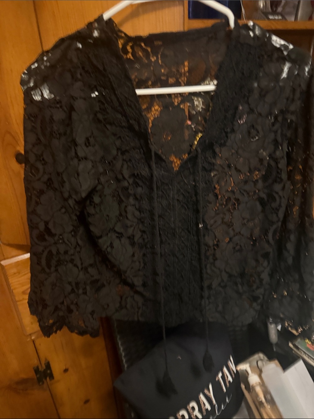 Women's Black Lace Long-Sleeve V-Neck Tie-Front Top